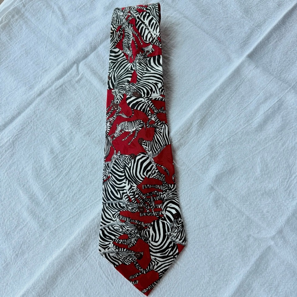 Vintage Nicole Miller Red and Black Zebra Print Silk Tie EUC Like New 56”